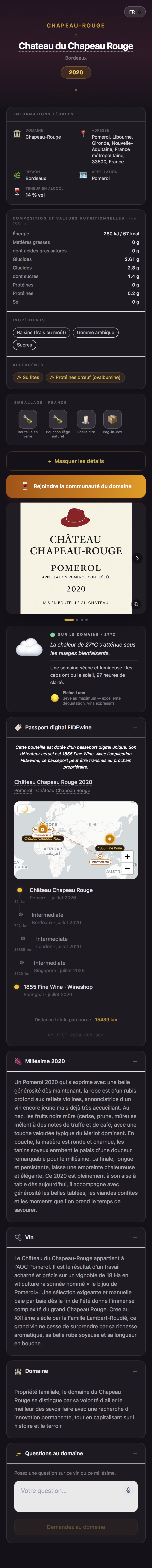 Passeport digital FIDEwine : informations légales, valeurs nutritionnelles, histoire du domaine et parcours de traçabilité